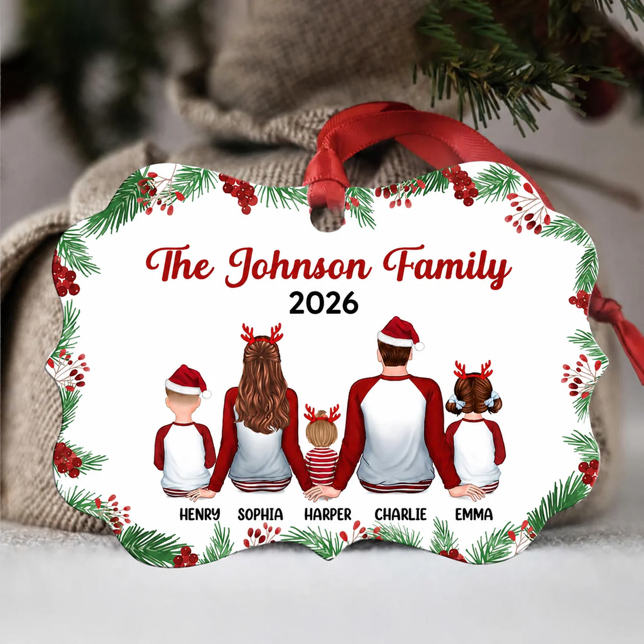 Holly Branch Pajamas Family Sitting Christmas Personalized Christmas Ornament - Image 3