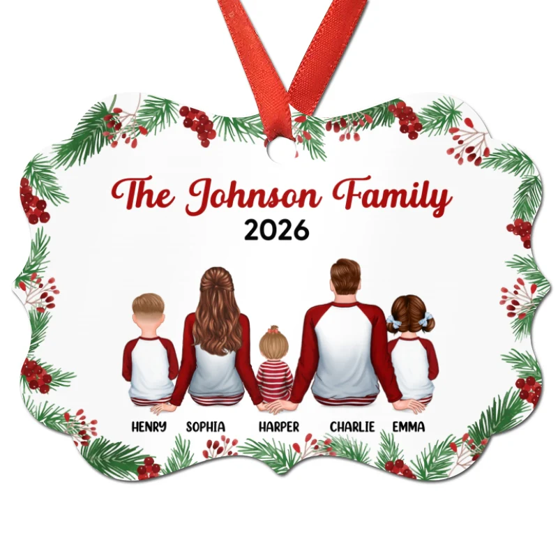 Holly Branch Pajamas Family Sitting Christmas Personalized Christmas Ornament - Image 4