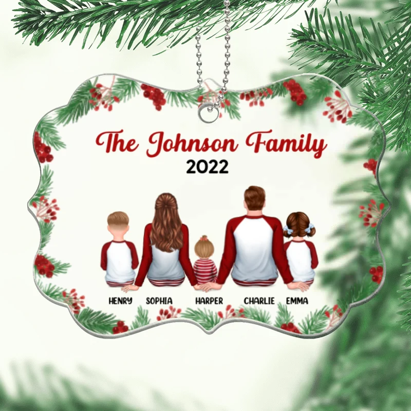 Holly Branch Pajamas Family Sitting Personalized Acrylic Ornament - Image 2