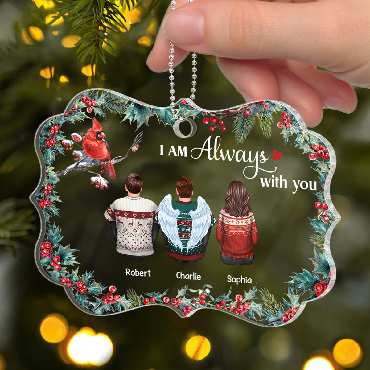 Holly Leaf Cardinal Family Memorial Remembrance Keepsake Personalized Acrylic Ornament - Image 3
