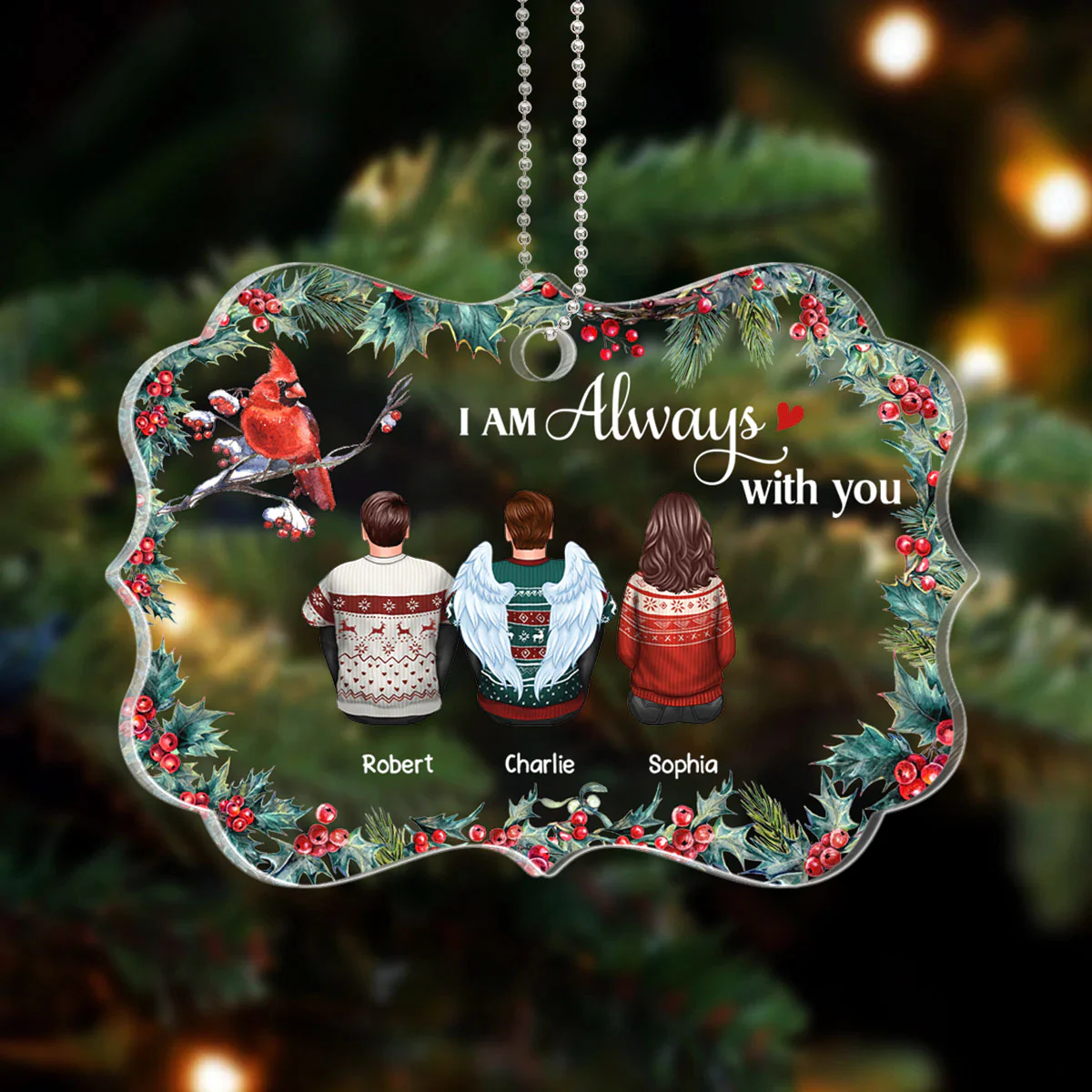 Holly Leaf Cardinal Family Memorial Remembrance Keepsake Personalized Acrylic Ornament - Image 4