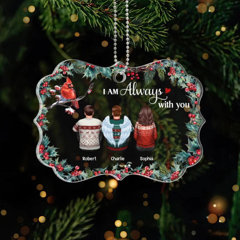 Holly Leaf Cardinal Family Memorial Remembrance Keepsake Personalized Acrylic Ornament - Image 5