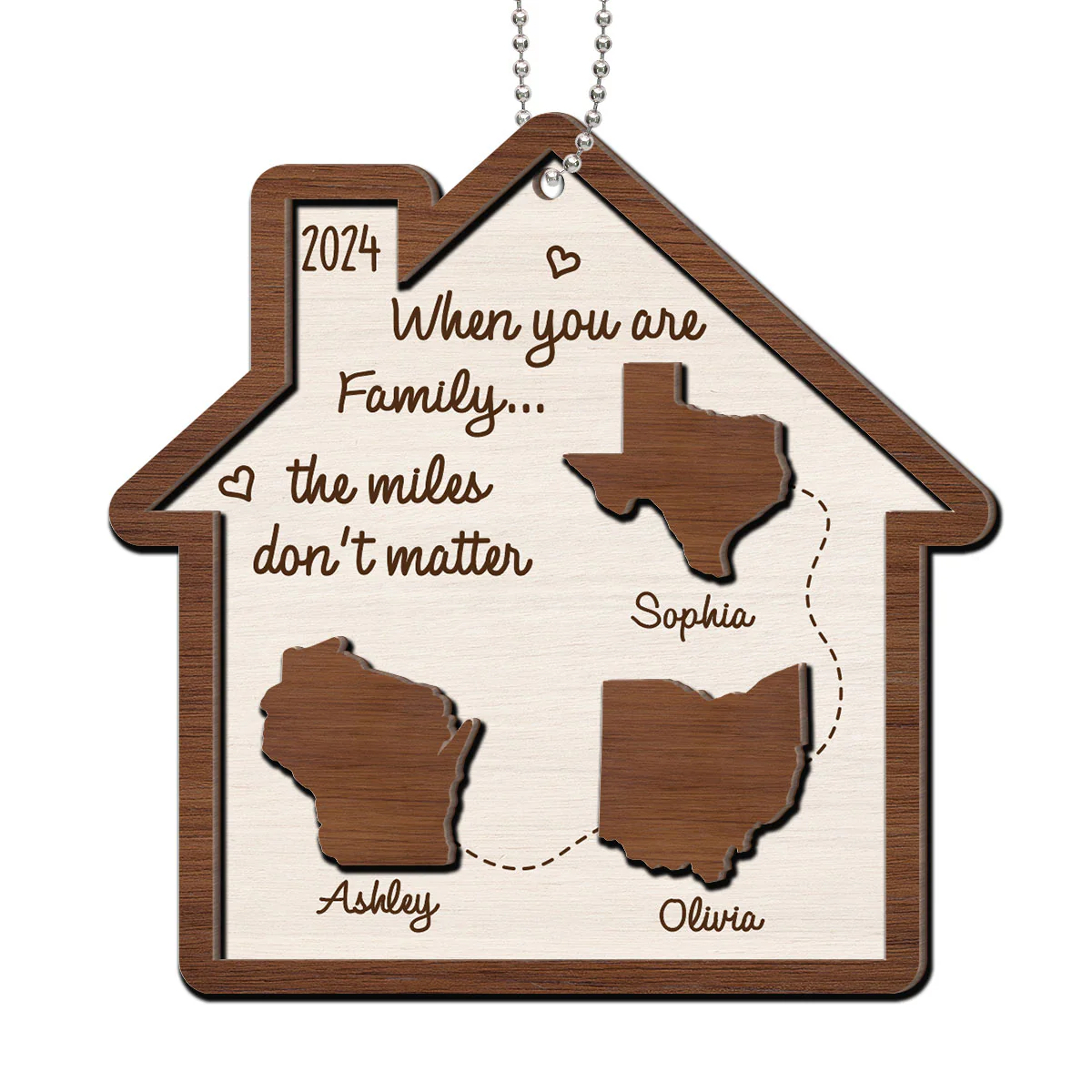 Long Distance Family State Maps Personalized 2-Layer Wooden Ornament, Togetherness Ornament - Image 2