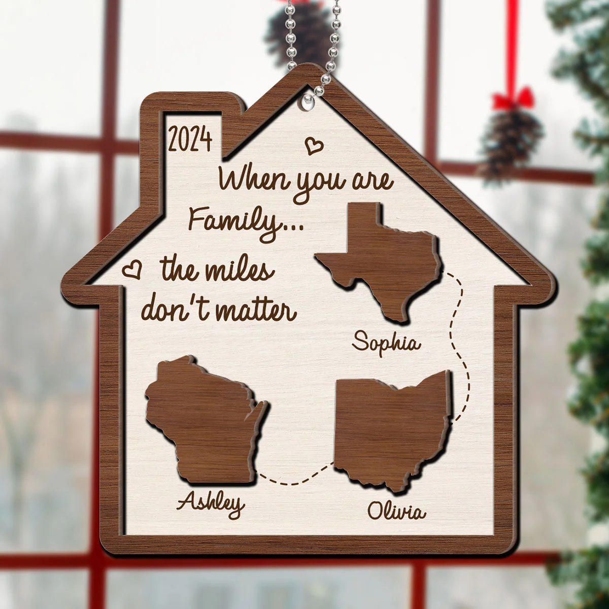 Long Distance Family State Maps Personalized 2-Layer Wooden Ornament, Togetherness Ornament - Image 5