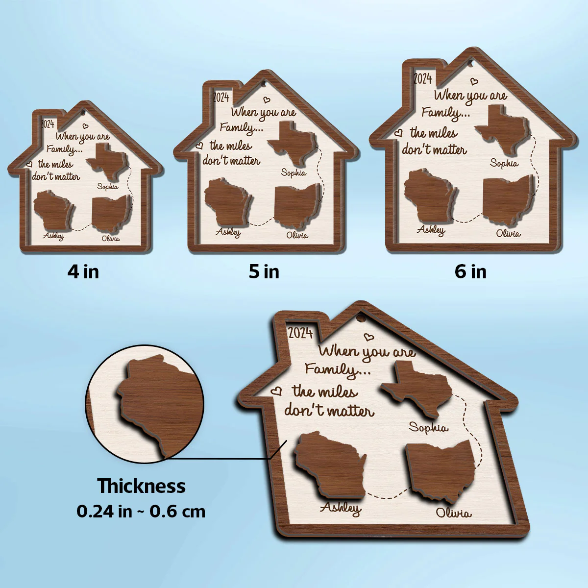 Long Distance Family State Maps Personalized 2-Layer Wooden Ornament, Togetherness Ornament - Image 9