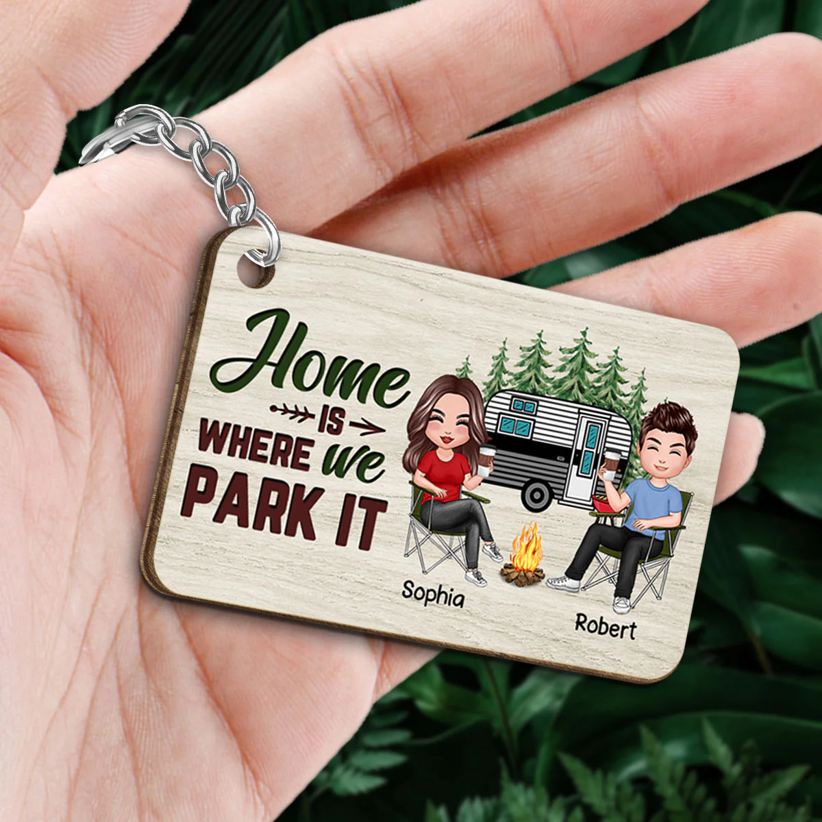 Home Is Where We Park It Couple Camping Personalized Wooden Keychain - Image 2