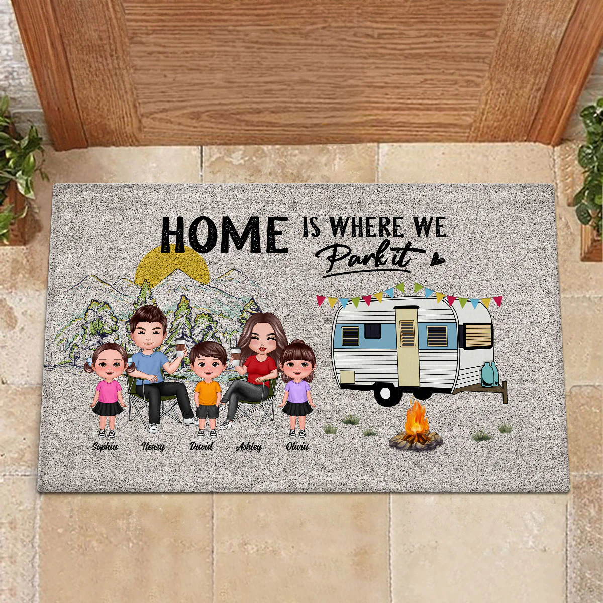 Home Is Where We Park It Doll Family Camping Personalized Doormat