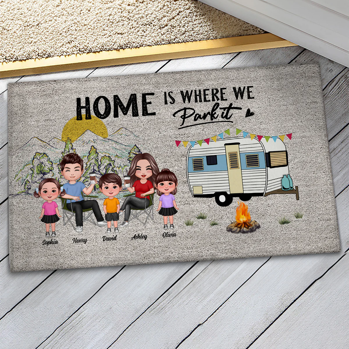 Home Is Where We Park It Doll Family Camping Personalized Doormat - Image 3