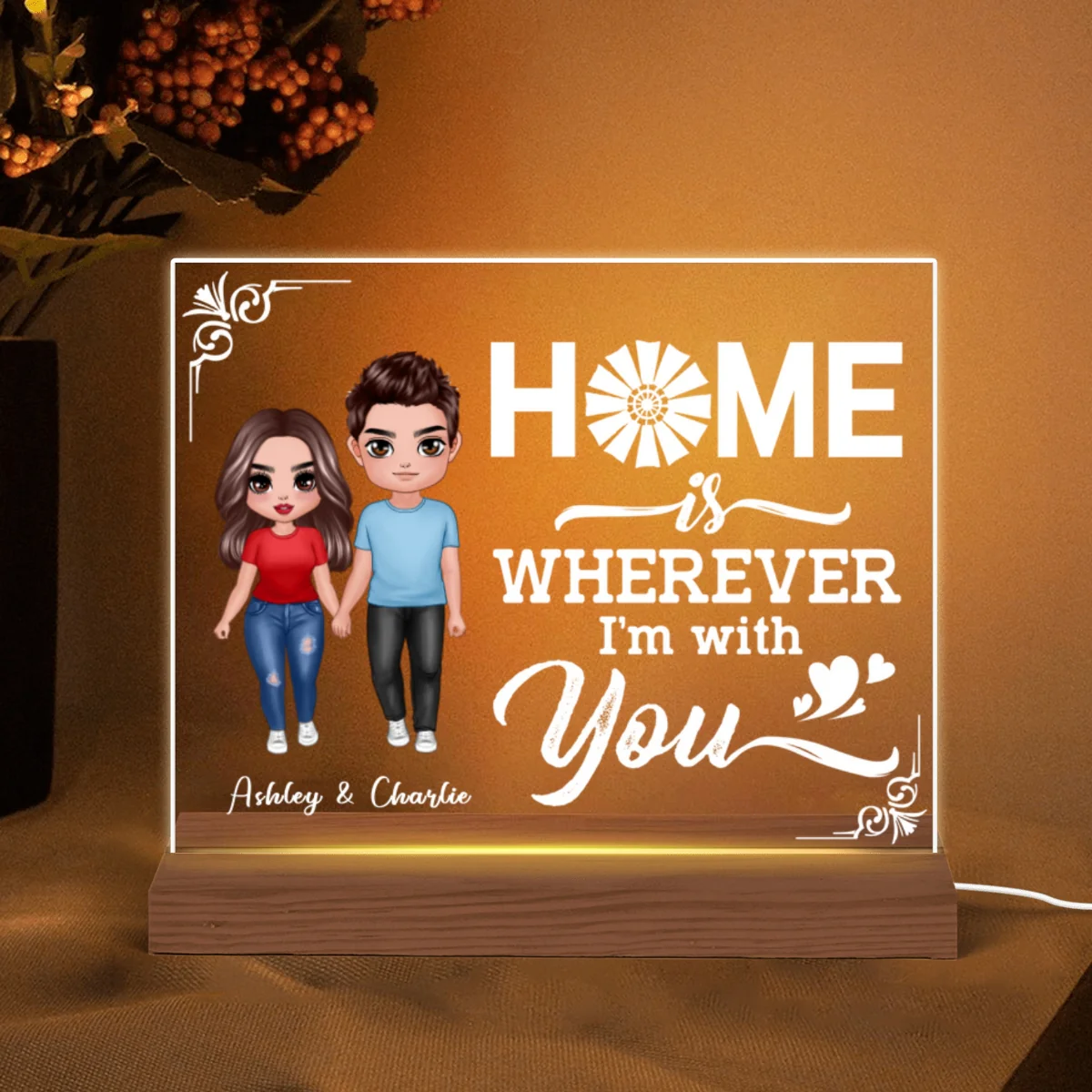 Home Is Wherever I‘m With You Couple Personalized Custom Shape LED Night Light - Gift For Him Gift For Her - Image 5
