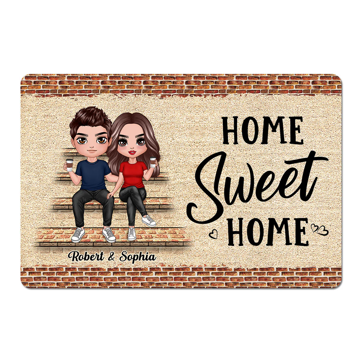 Home Sweet Home Brick Background Doll Couple Personalized Doormat