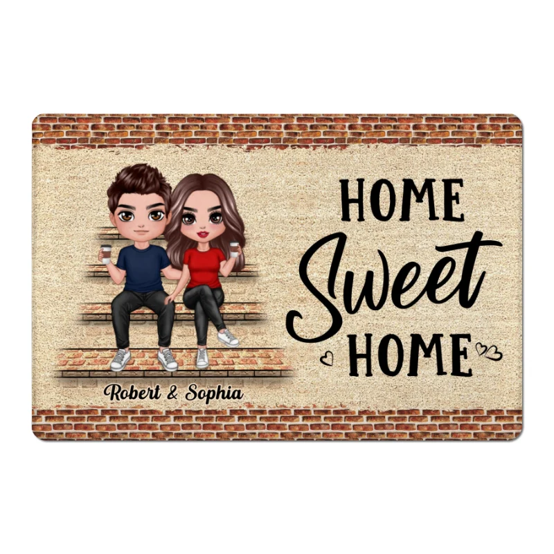 Home Sweet Home Brick Background Doll Couple Personalized Doormat - Image 3