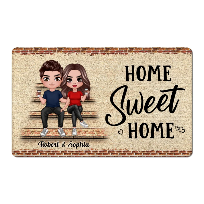 Home Sweet Home Brick Background Doll Couple Personalized Doormat - Image 5