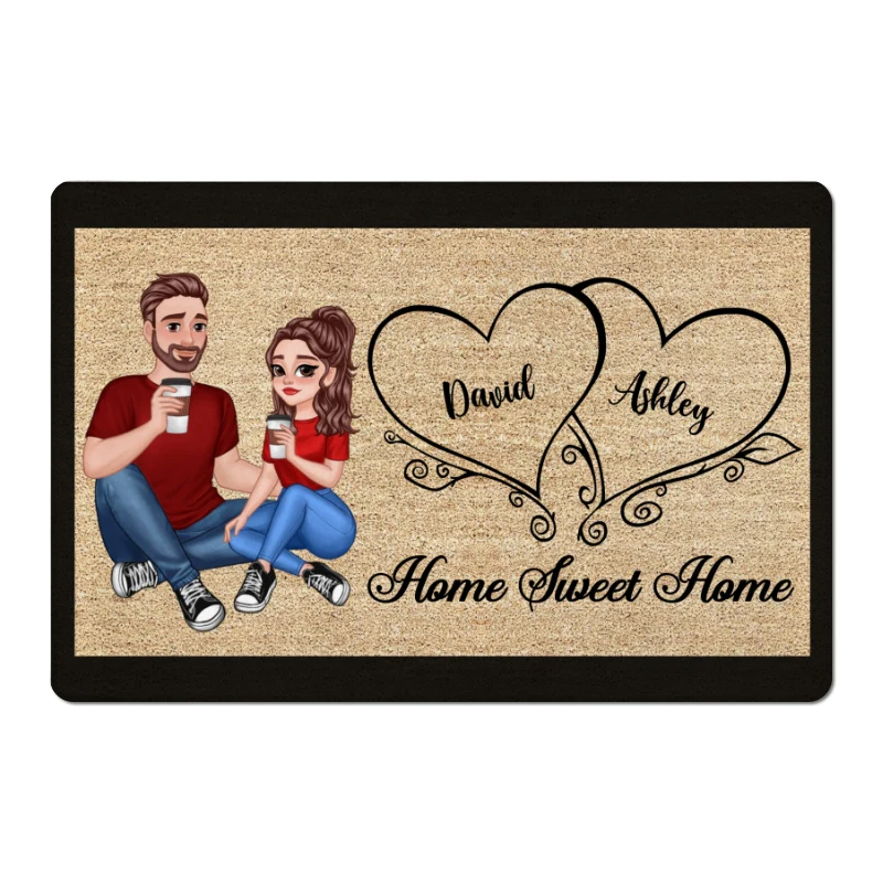 Home Sweet Home Cartoon Couple Sitting Personalized Doormat - Image 3