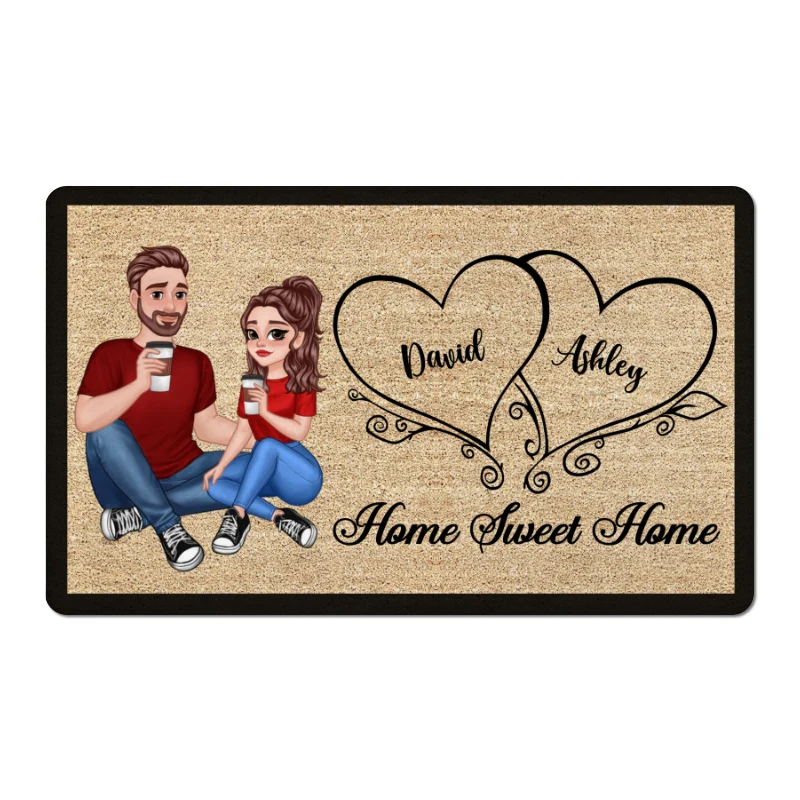 Home Sweet Home Cartoon Couple Sitting Personalized Doormat - Image 4