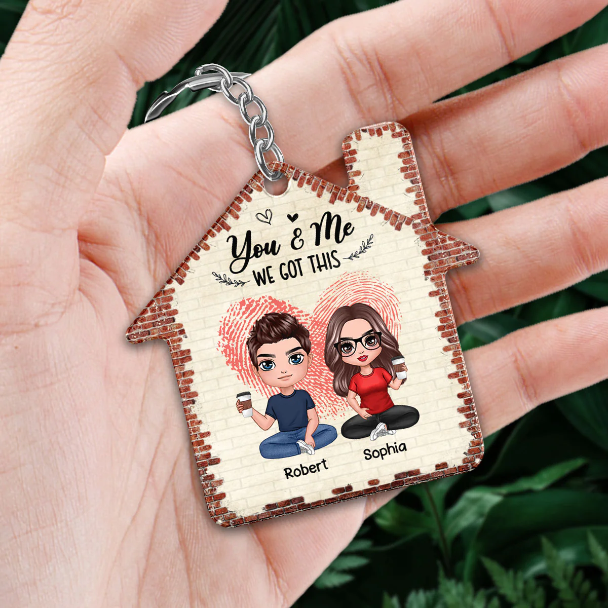 Home Sweet Home Doll Couple Sitting Fingerprint Heart Calendar Date Personalized Acrylic Keychain - Image 2