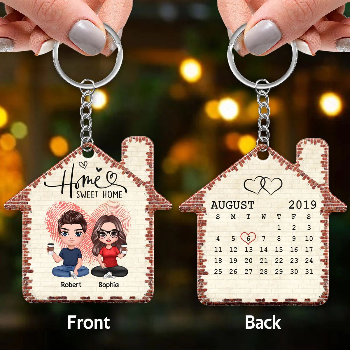 Home Sweet Home Doll Couple Sitting Fingerprint Heart Calendar Date Personalized Acrylic Keychain - Image 3