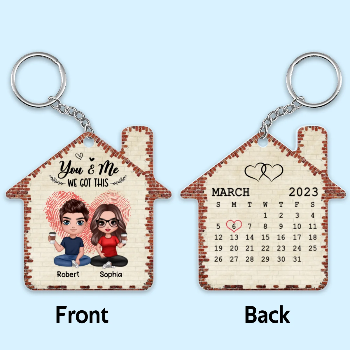Home Sweet Home Doll Couple Sitting Fingerprint Heart Calendar Date Personalized Acrylic Keychain - Image 4