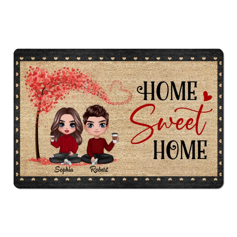 Home Sweet Home Doll Couple Under Heart Tree Personalized Doormat - Image 4