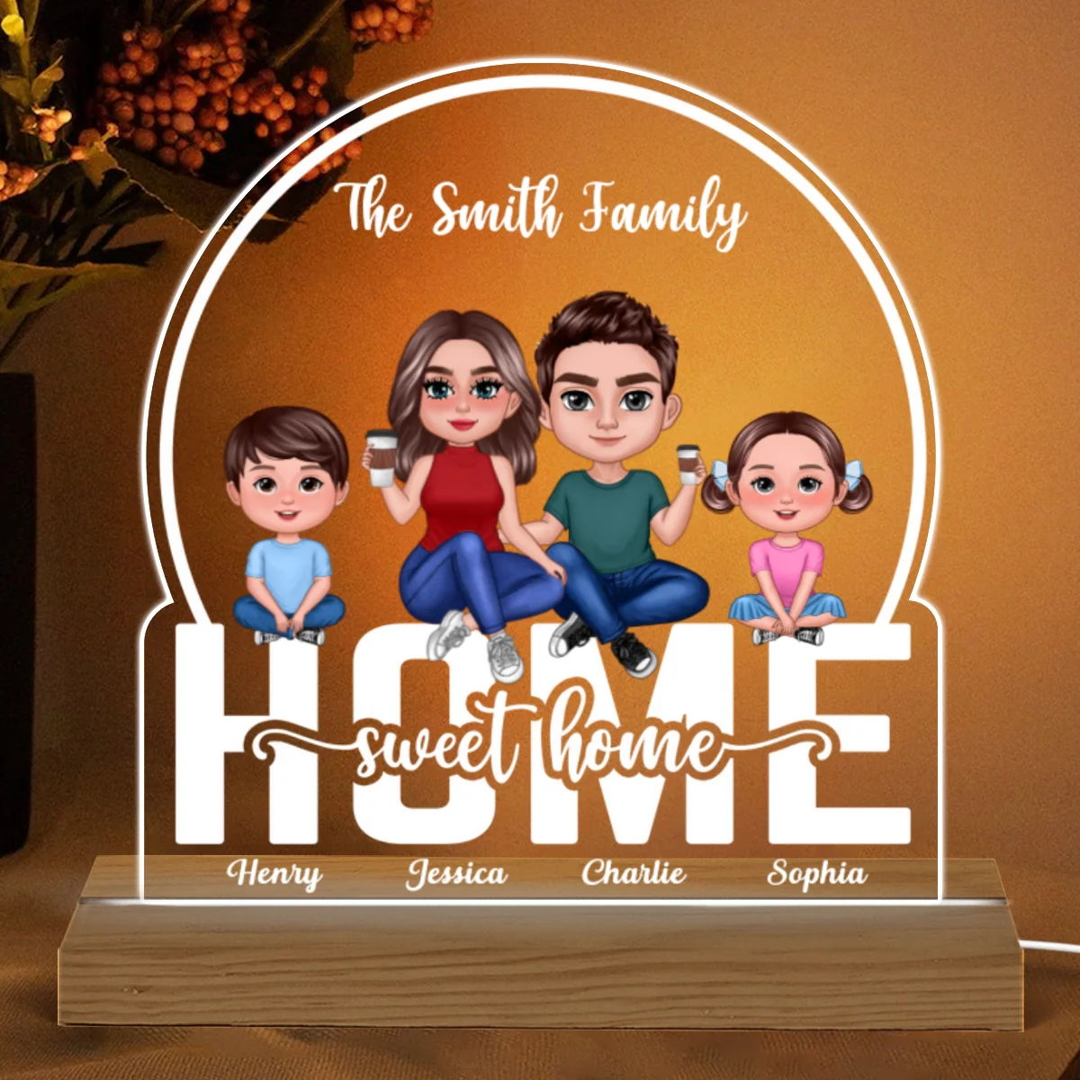 Home Sweet Home Family Couple & Kids Personalized Custom Shape Acrylic Plaque With Warm LED Night Light - Image 4