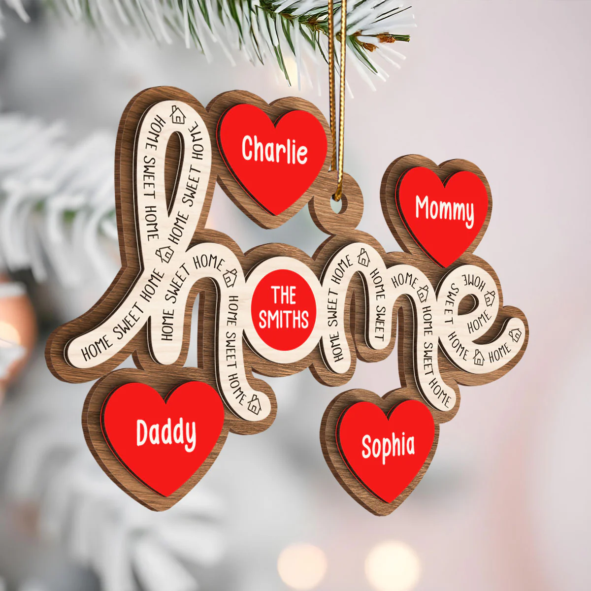 Home Sweet Home Hearts Personalized 2-Layer Wooden Orrnament, Christmas Gift for Family - Image 3