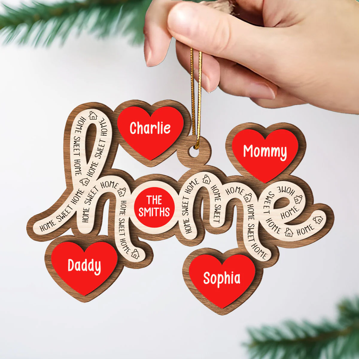 Home Sweet Home Hearts Personalized 2-Layer Wooden Orrnament, Christmas Gift for Family - Image 4