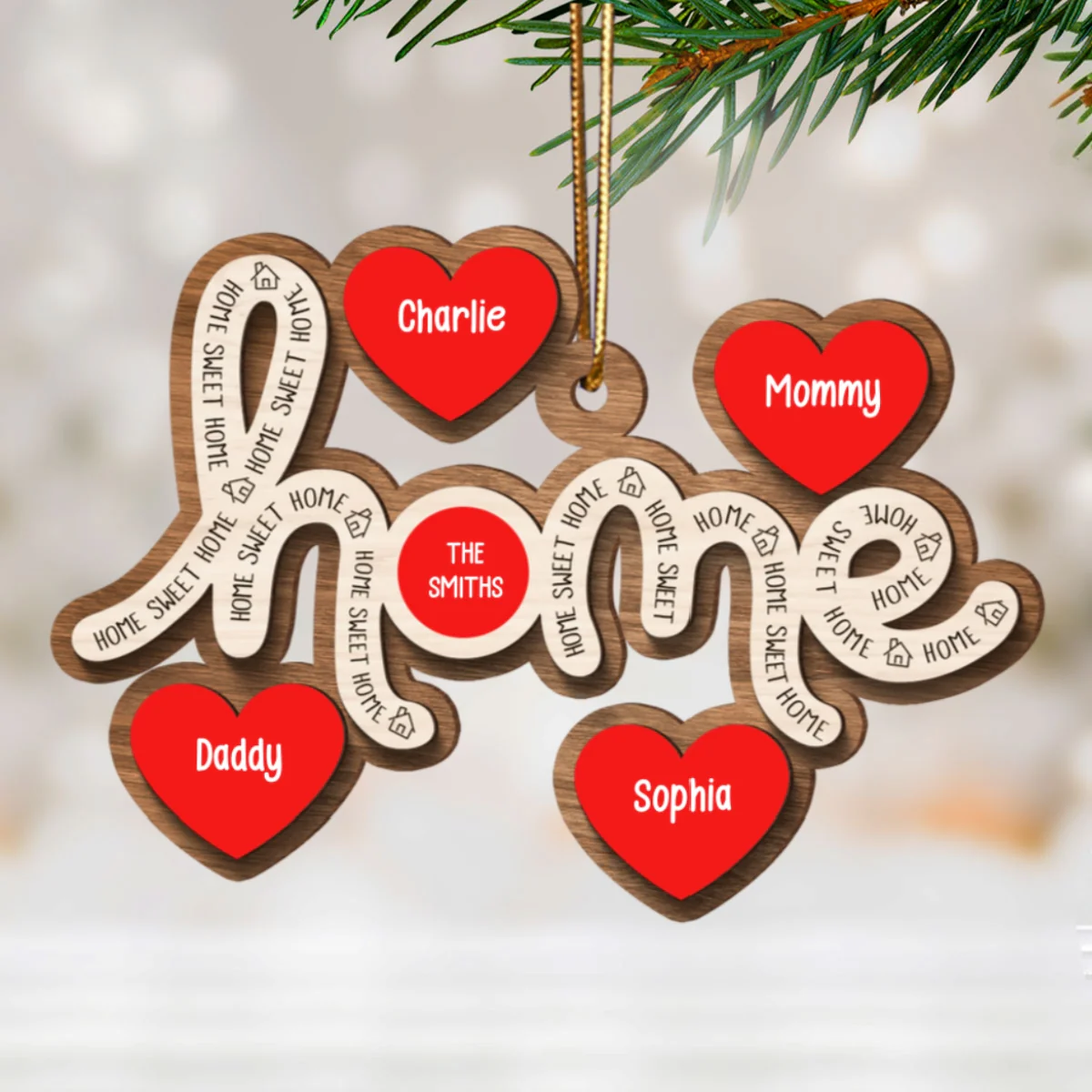 Home Sweet Home Hearts Personalized 2-Layer Wooden Orrnament, Christmas Gift for Family - Image 8
