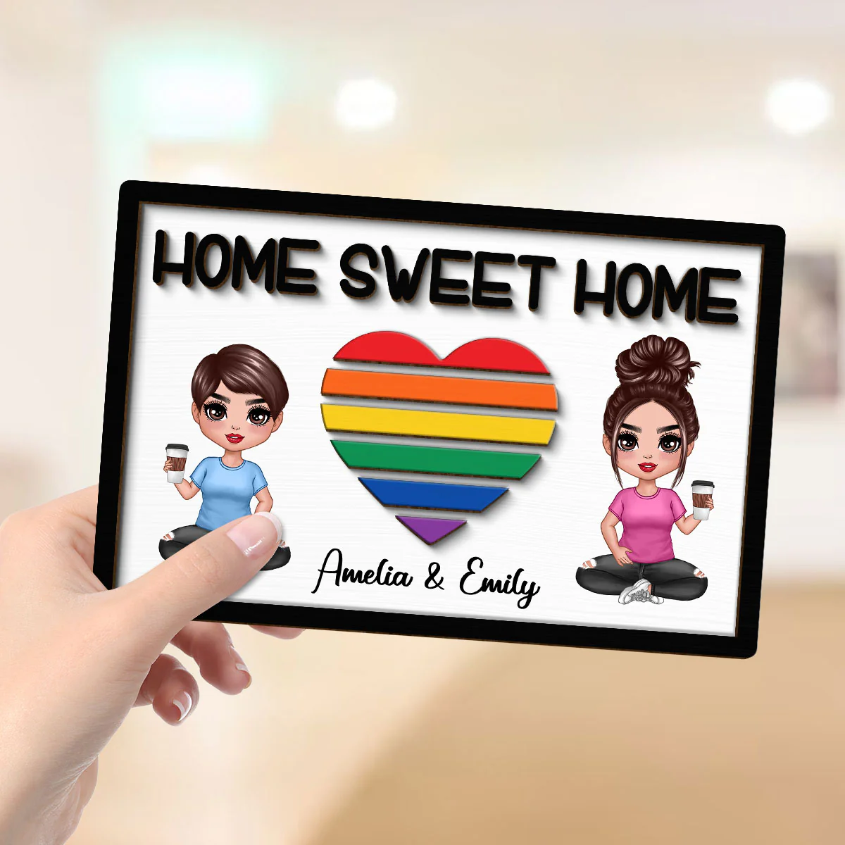 Home Sweet Home LGBT Couple Personalized 2-layer Wooden Plaque - Image 4
