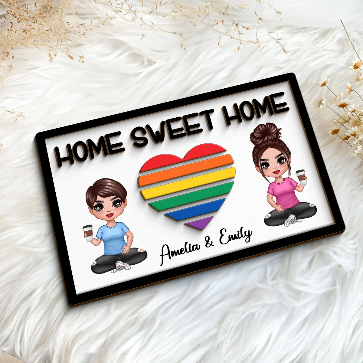 Home Sweet Home LGBT Couple Personalized 2-layer Wooden Plaque - Image 5
