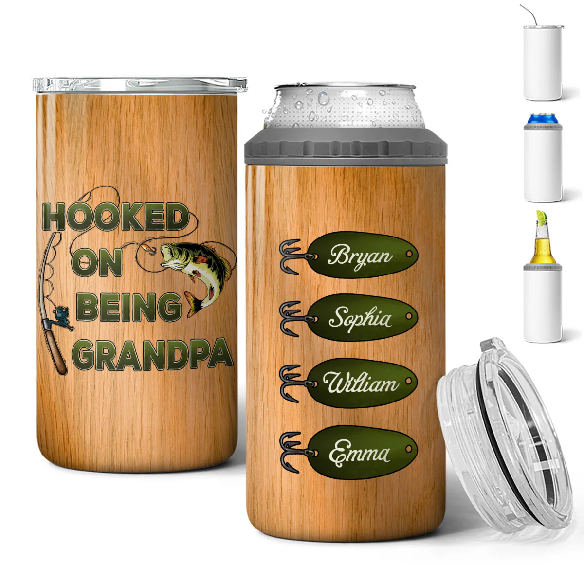 Hook On Being Grandpa Fishing Camouflage Personalized 4 In 1 Can Cooler