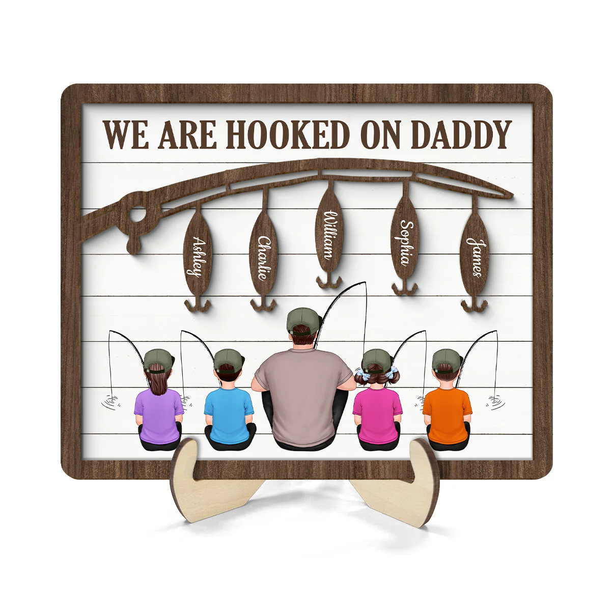 Hooked On Being Fishing Dad Grandpa Sitting Back View Personalized 2-Layer Wooden Plaque