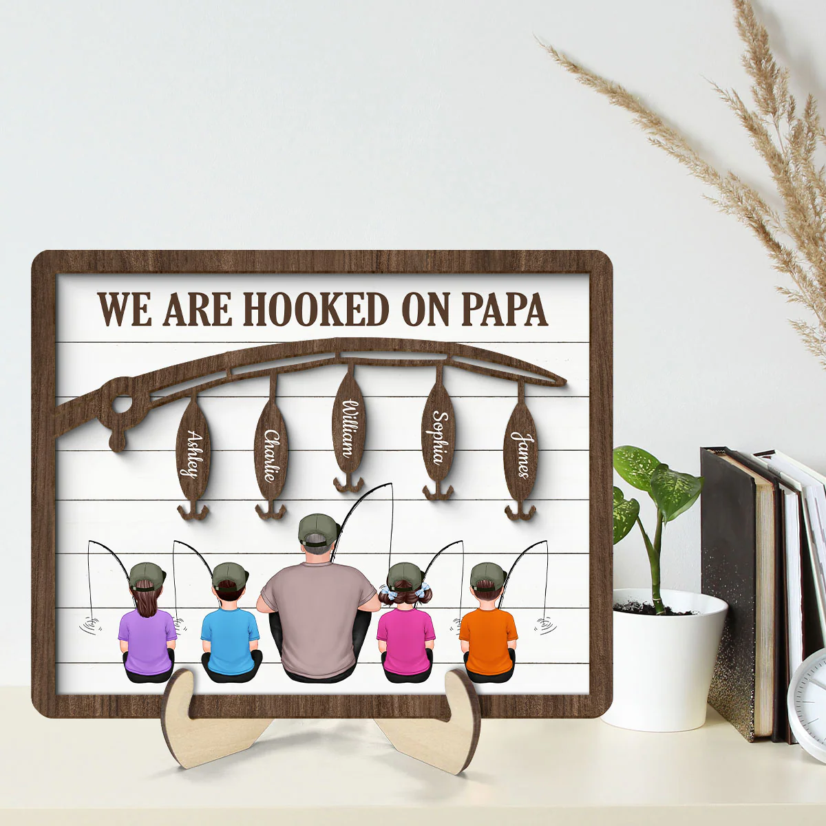 Hooked On Being Fishing Dad Grandpa Sitting Back View Personalized 2-Layer Wooden Plaque - Image 2
