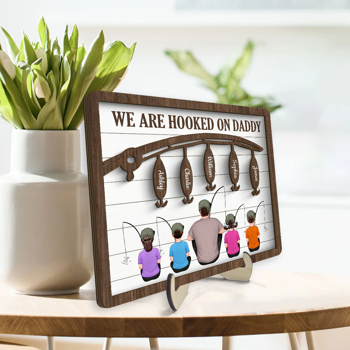 Hooked On Being Fishing Dad Grandpa Sitting Back View Personalized 2-Layer Wooden Plaque - Image 3