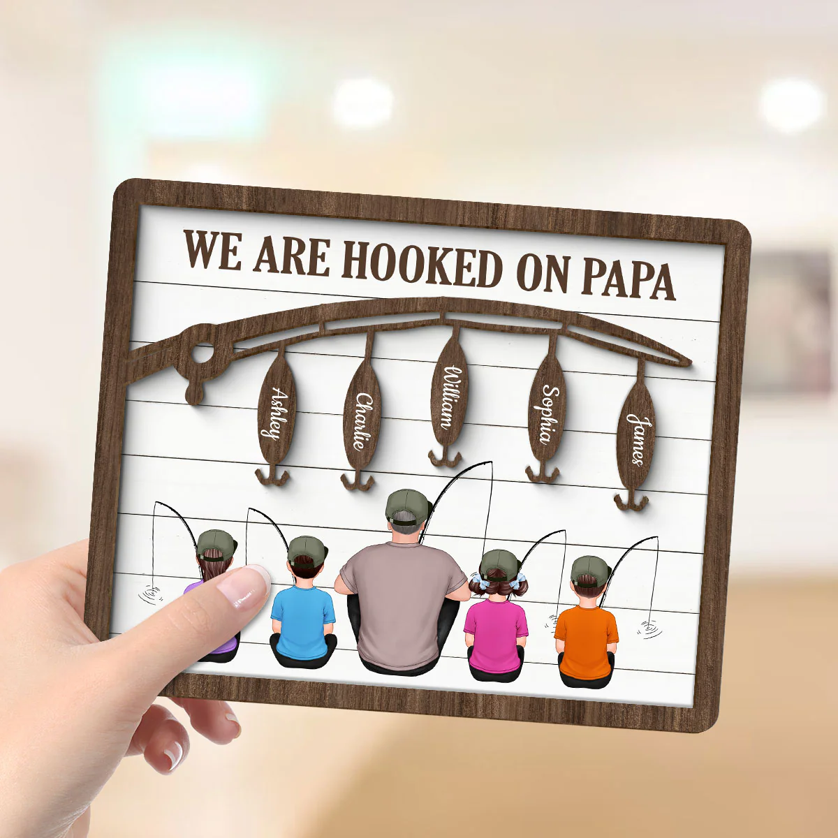 Hooked On Being Fishing Dad Grandpa Sitting Back View Personalized 2-Layer Wooden Plaque - Image 4