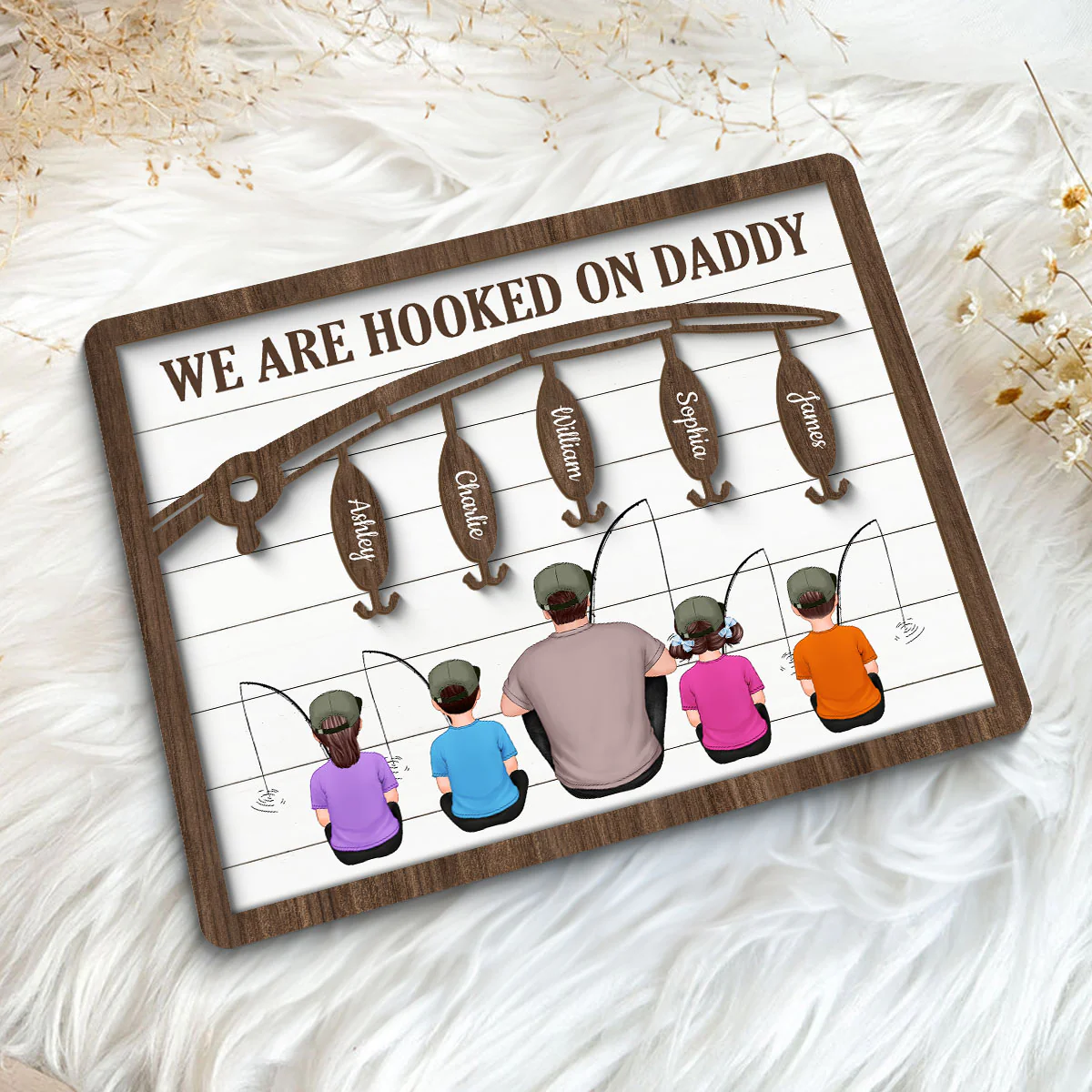 Hooked On Being Fishing Dad Grandpa Sitting Back View Personalized 2-Layer Wooden Plaque - Image 5
