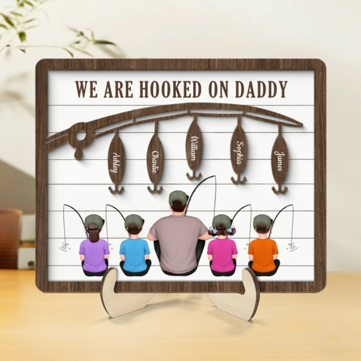 Hooked On Being Fishing Dad Grandpa Sitting Back View Personalized 2-Layer Wooden Plaque - Image 8