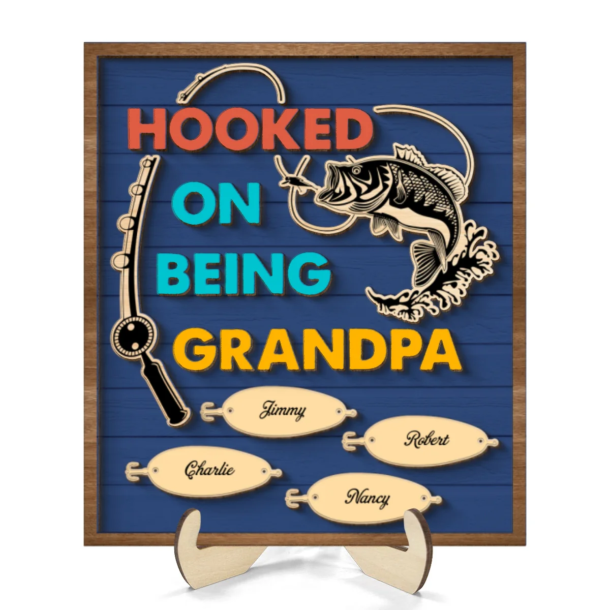 Hooked On Being Grandpa Fishing Personalized 2-Layer Wooden Plaque - Image 8