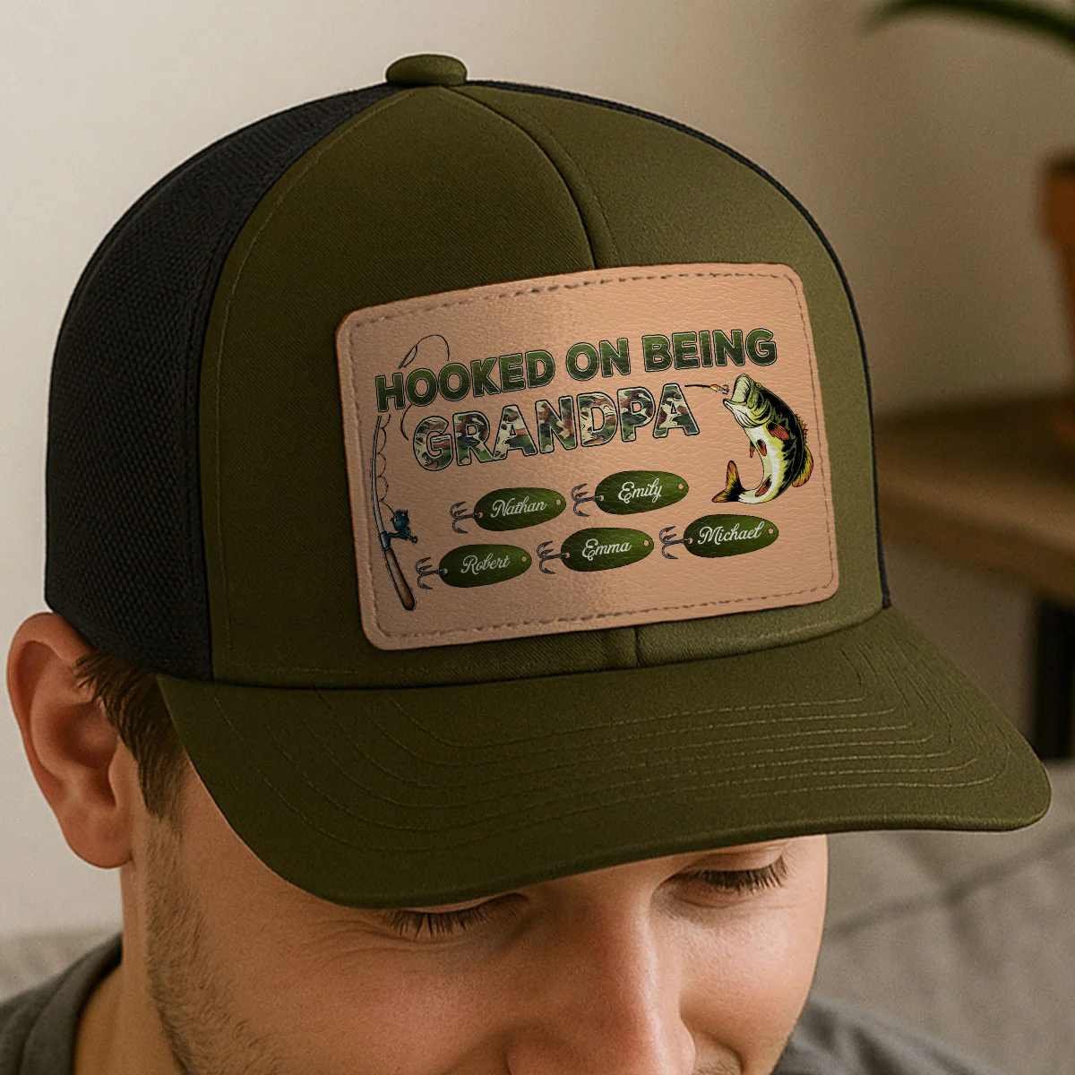 Hooked On Being Grandpa Papa Fishing Camouflage Personalized Leather Patch Hat, Father's Day gift - Image 2