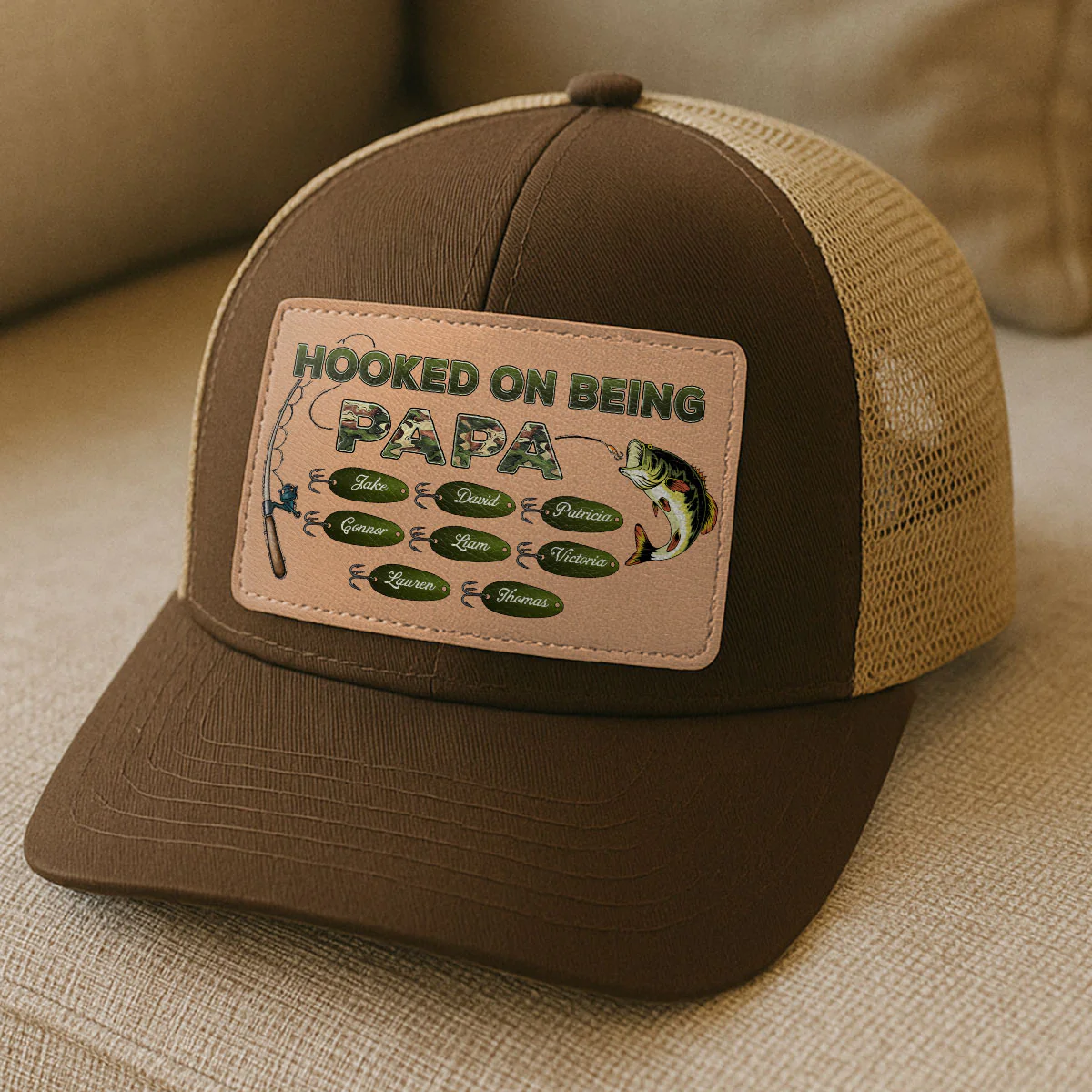 Hooked On Being Grandpa Papa Fishing Camouflage Personalized Leather Patch Hat, Father's Day gift - Image 3