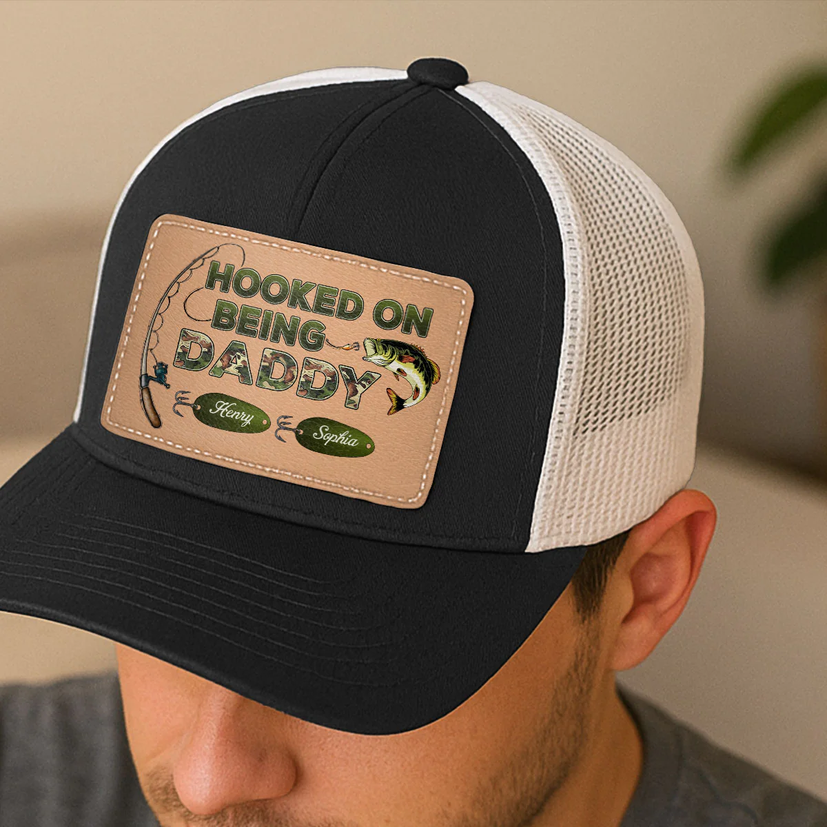Hooked On Being Grandpa Papa Fishing Camouflage Personalized Leather Patch Hat, Father's Day gift - Image 5