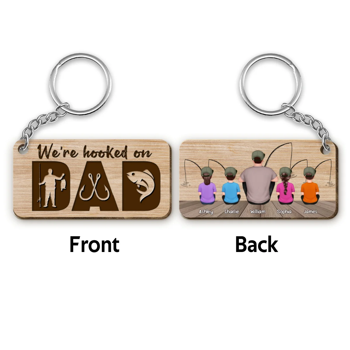 Hooked On Dad Fishing Back View Man Kids Personalized Wooden Keychain - Image 4