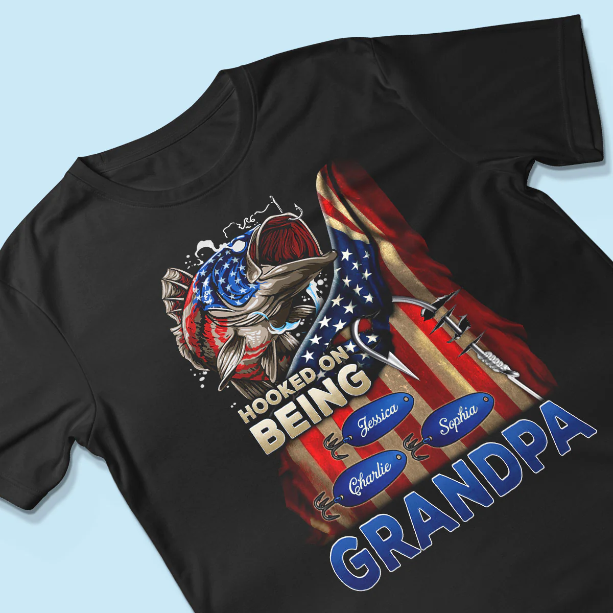 Hooked On Fishing Dad Grandpa Nation Flag Personalized Shirt - Image 3