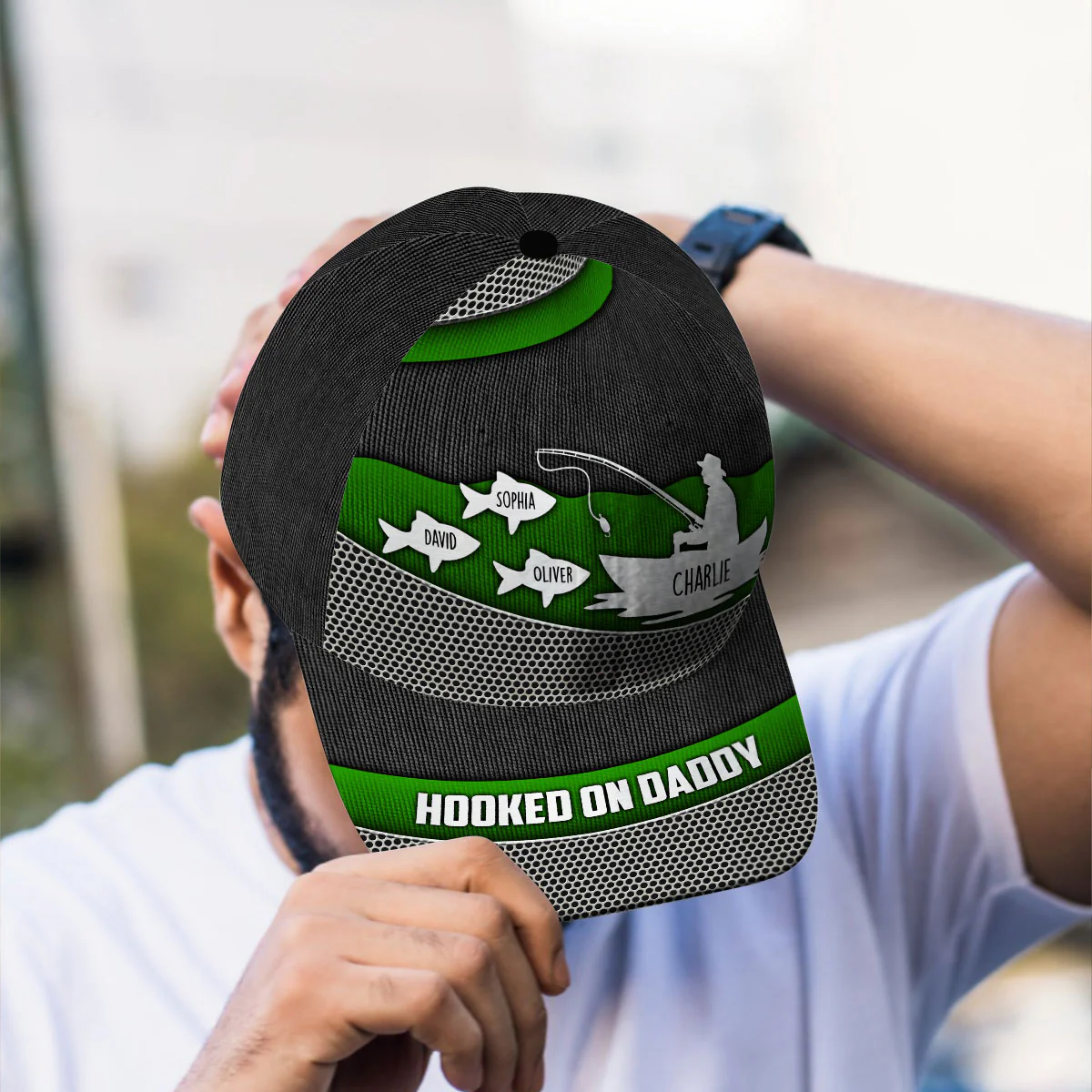 Hooked On Fishing Papa Dad Metal Printed Personalized Classic Cap - Image 6