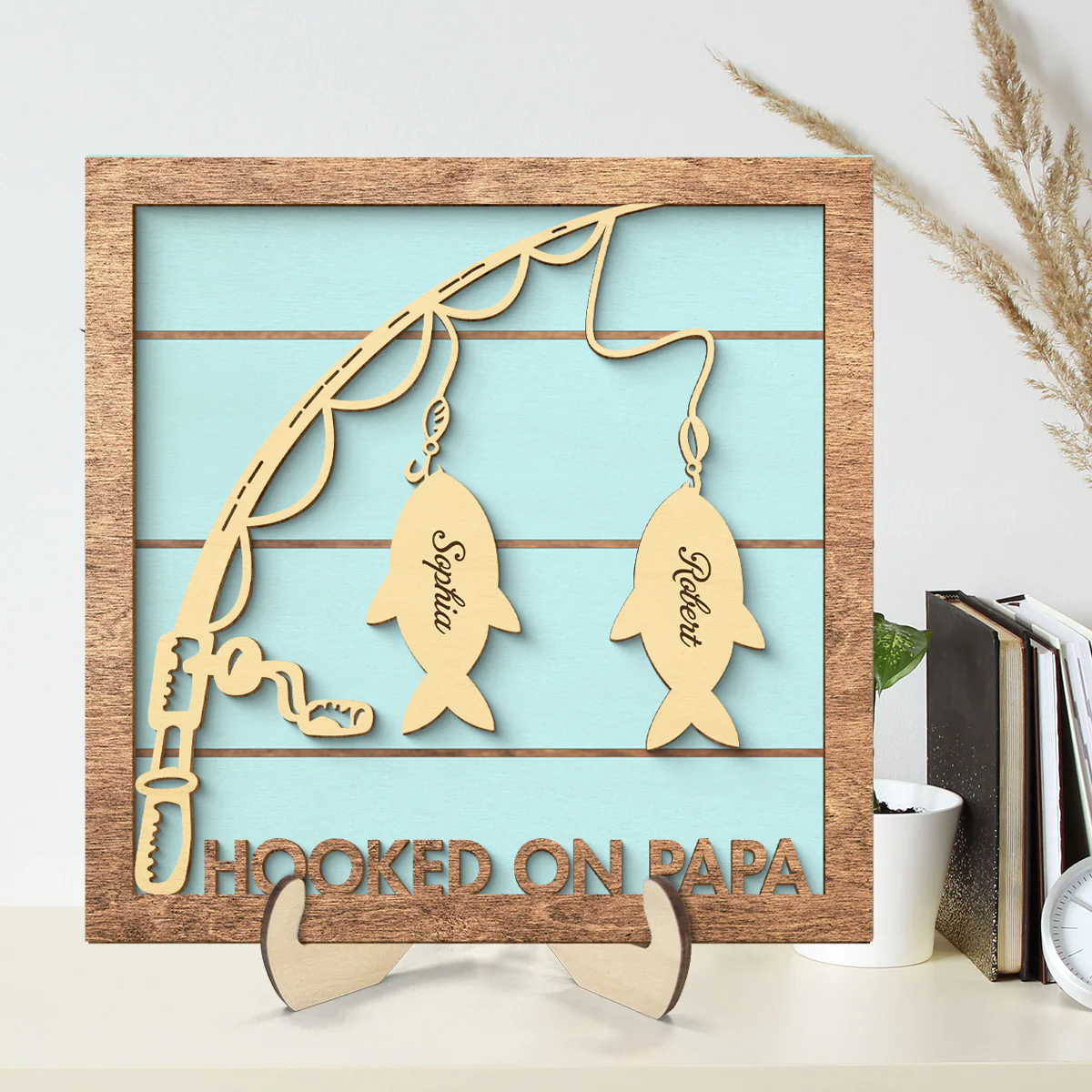 Hooked On Papa Fishing Grandpa Personalized 2-Layer Wooden Plaque - Image 2