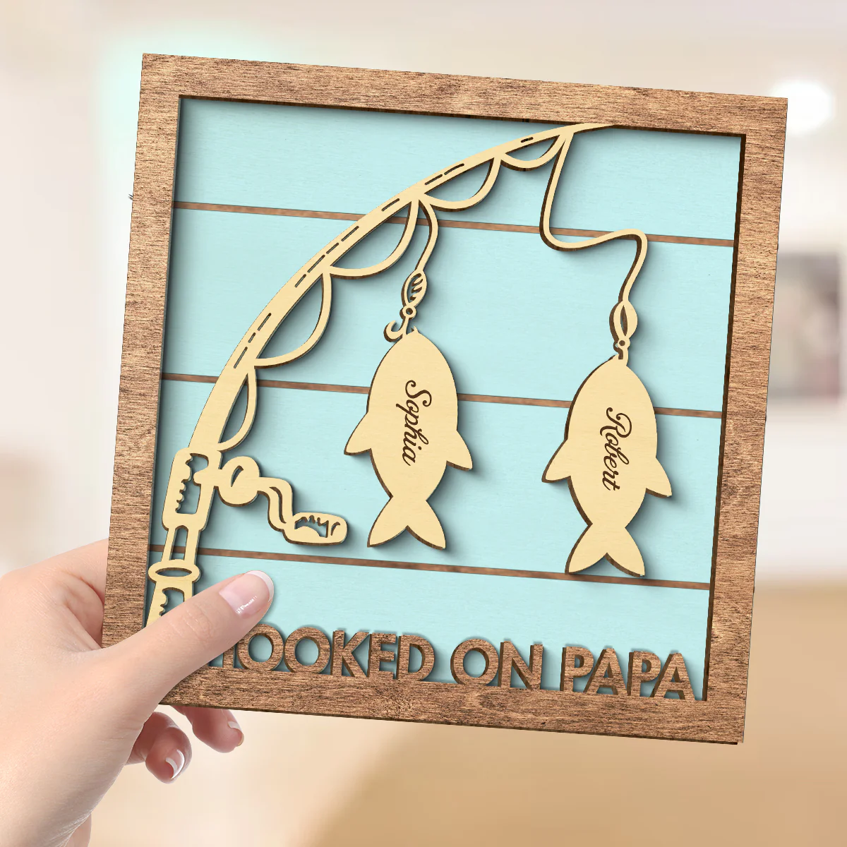 Hooked On Papa Fishing Grandpa Personalized 2-Layer Wooden Plaque - Image 4