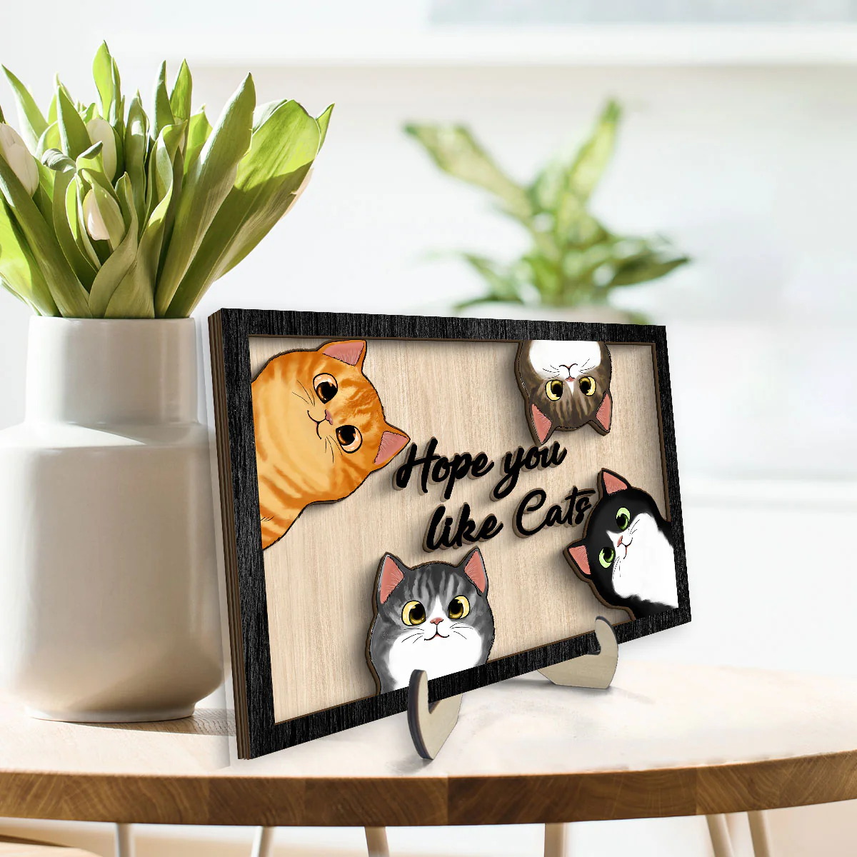 Hope You Like Cats Peeking Fluffy Cats Personalized 2-Layer Wooden Plaque - Image 3