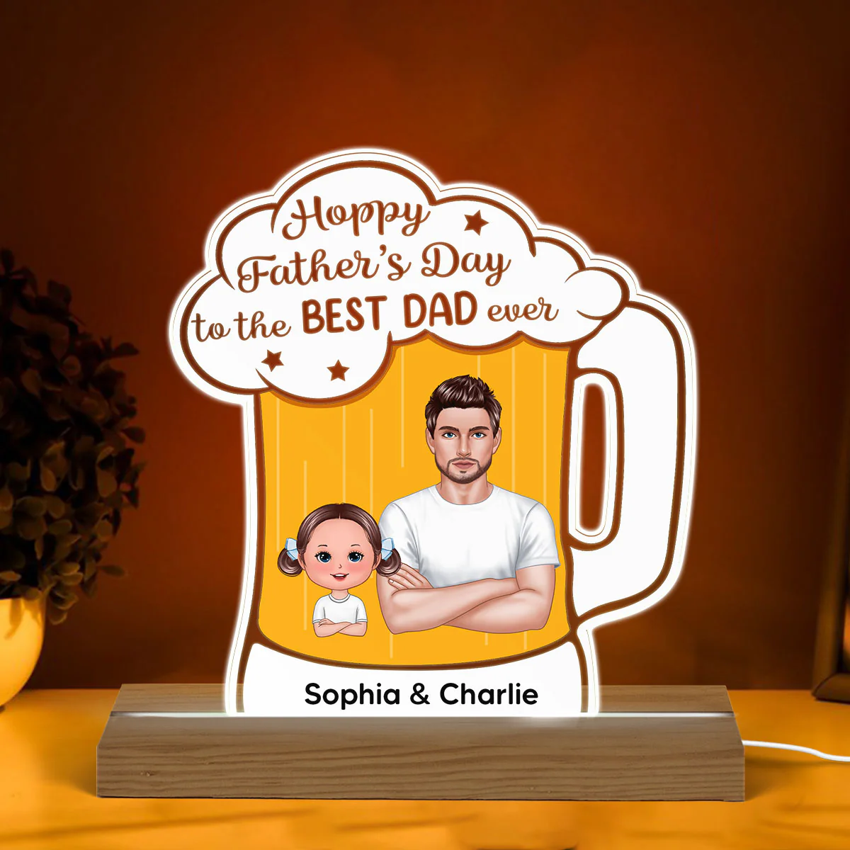 Hoppy Father‘s Day Best Dad Ever Beer Personalized Warm Acrylic Custom Shape LED Night Light