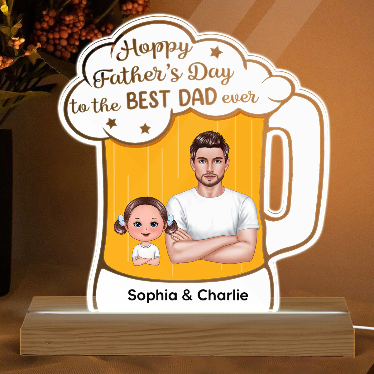 Hoppy Father‘s Day Best Dad Ever Beer Personalized Warm Acrylic Custom Shape LED Night Light - Image 2