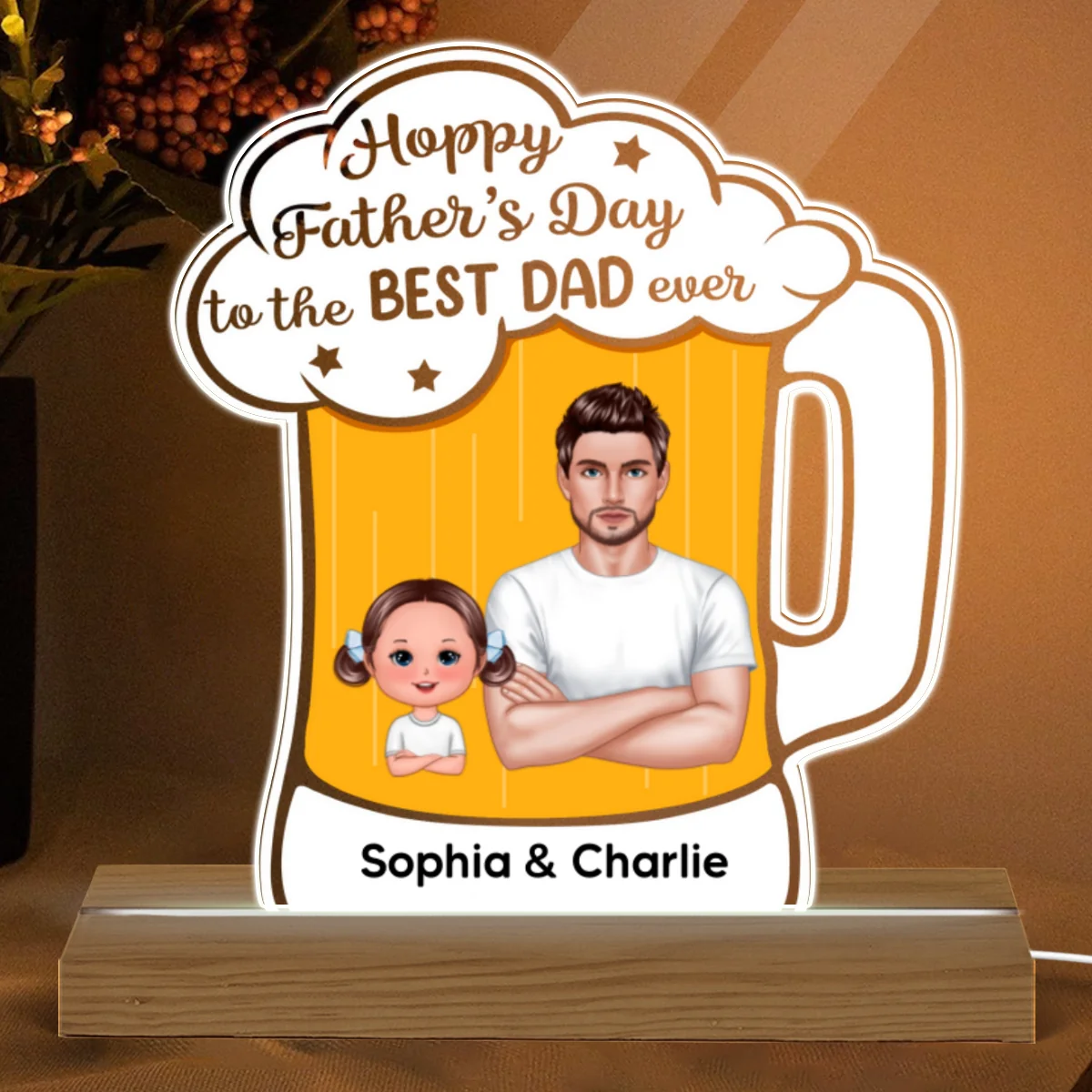 Hoppy Father‘s Day Best Dad Ever Beer Personalized Warm Acrylic Custom Shape LED Night Light - Image 4