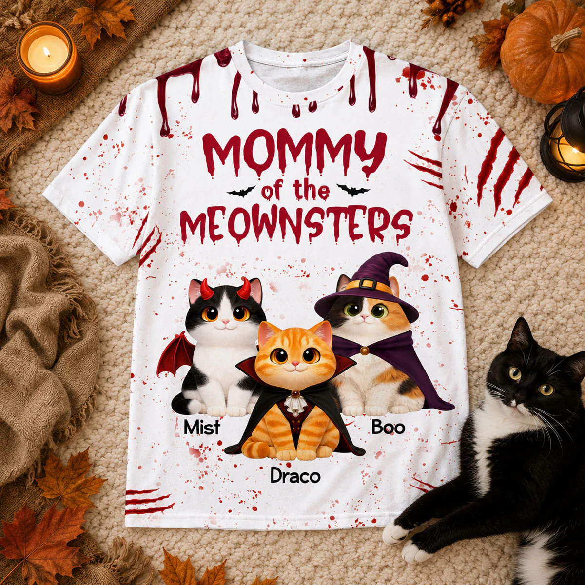 Horror Theme Mommy Daddy Of The Meownsters Cats - Personalized Shirt - Halloween Gift For Cat Lovers - Image 3