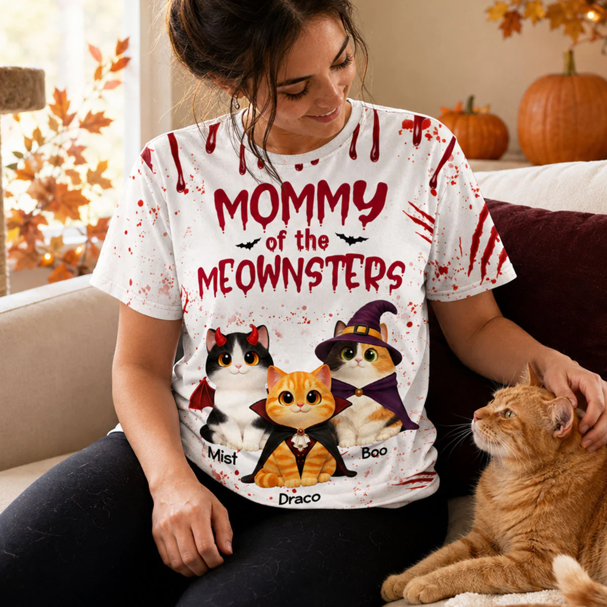 Horror Theme Mommy Daddy Of The Meownsters Cats - Personalized Shirt - Halloween Gift For Cat Lovers - Image 5